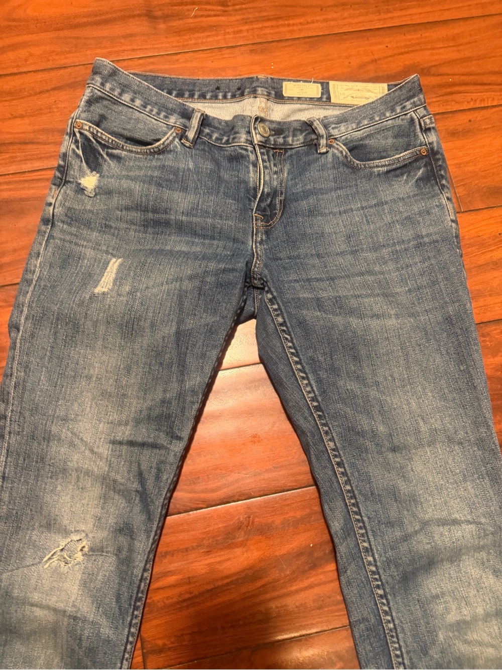 All Saints Women's Skinny Jeans in Distressed Medium Blue with Frayed Hem - Picture 2 of 12